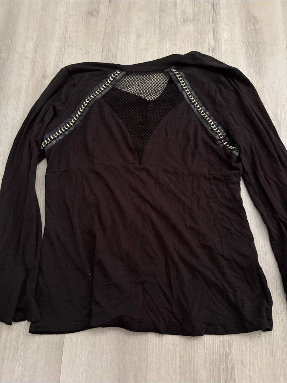 VENUS Black Long-Sleeve Top with Mesh Inset and Chain Trim